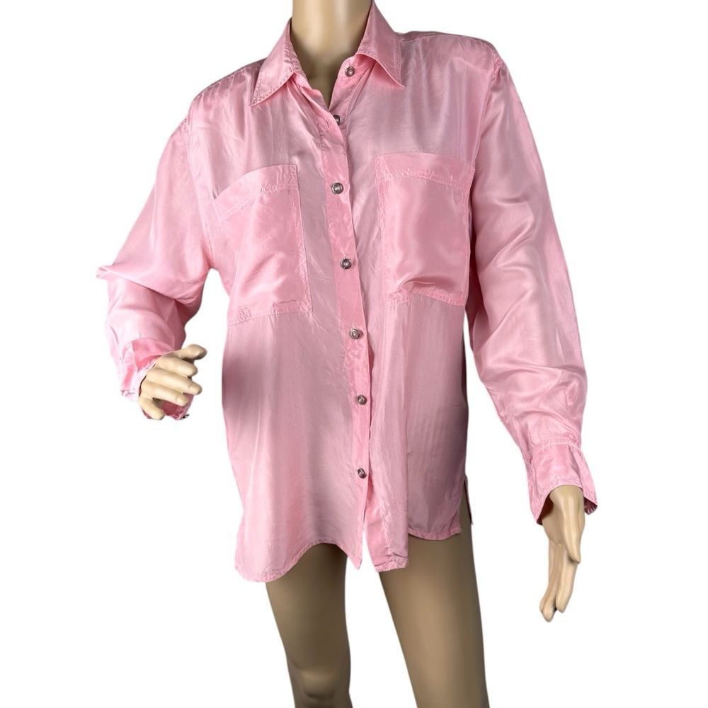 Vintage 100% Silk Blouse Button Down Light Pink Sz Medium 90's Shoulder Pads